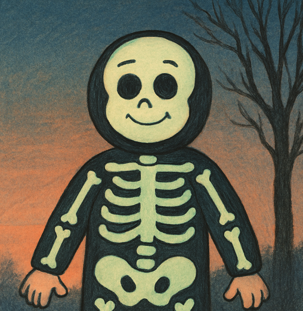 A cartoon-style illustration of a child wearing a glow-in-the-dark skeleton costume, standing against a soft twilight sky with a bare tree in the background. The image represents childhood vulnerability and the desire to be seen for who we really are.