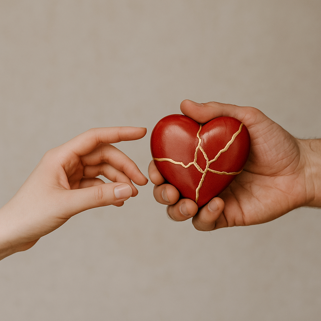 “Two hands reach toward each other. The hand on the right cradles a cracked heart mended with golden kintsugi, symbolizing healing and the attempt to repair emotional damage.”